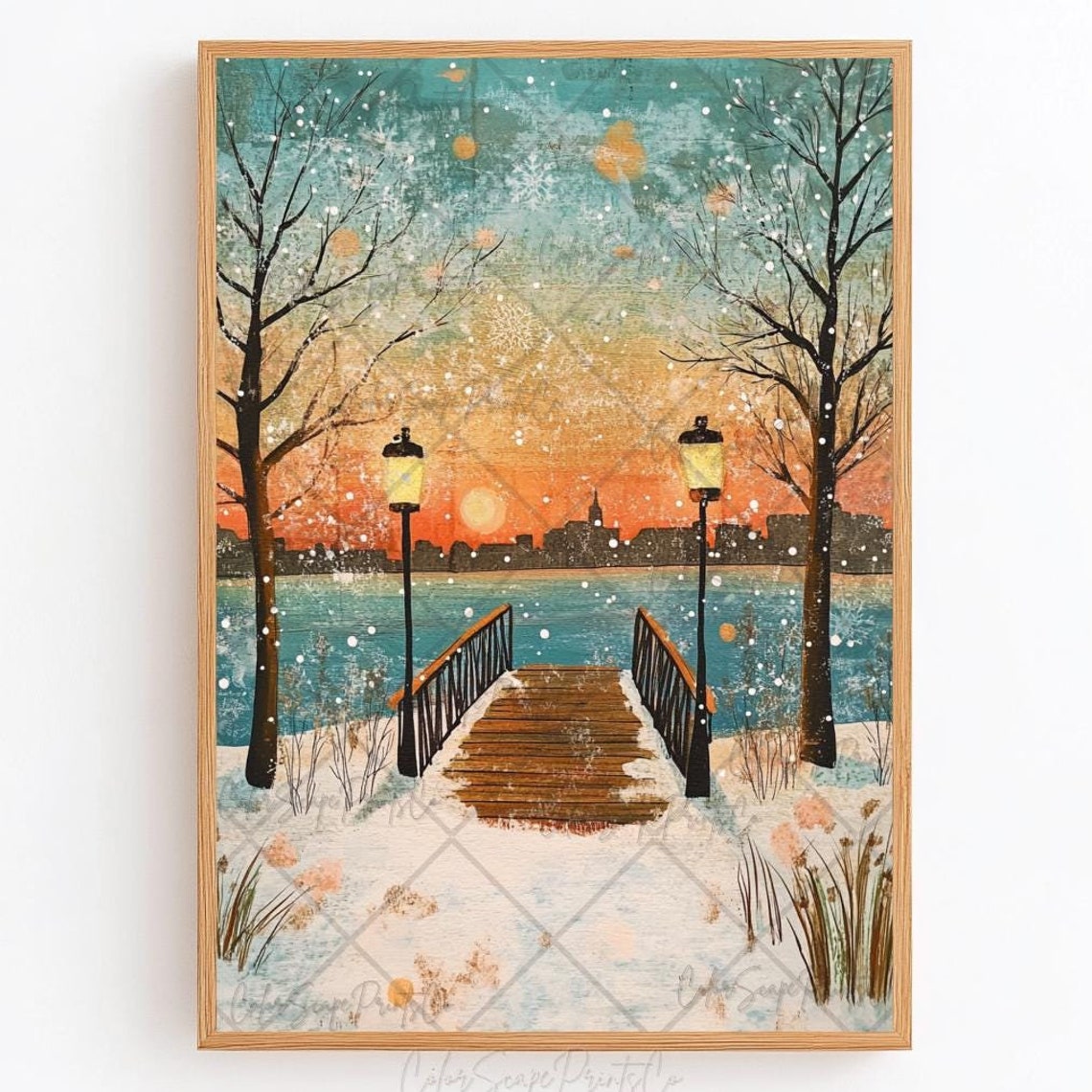 Snowy Winter Print Winter Sunset Painting Snowy Bridge Print Snowy Landscape Print Holiday Wall Art Cozy Winter Scene Winter Wonderland Art