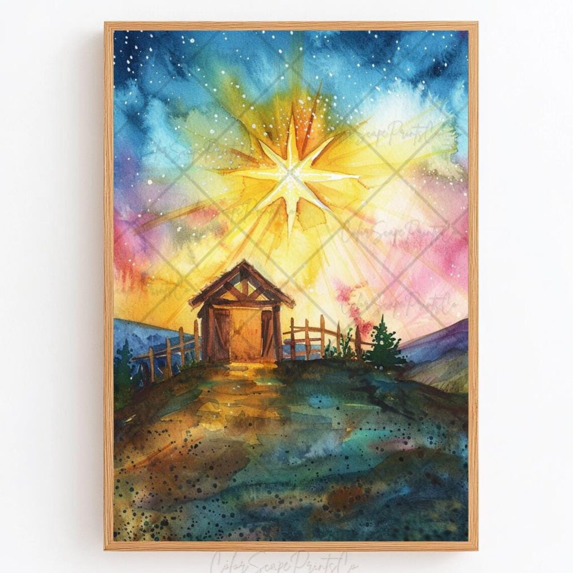 Star of Bethlehem Watercolor Manger Scene Radiant Sky Poster