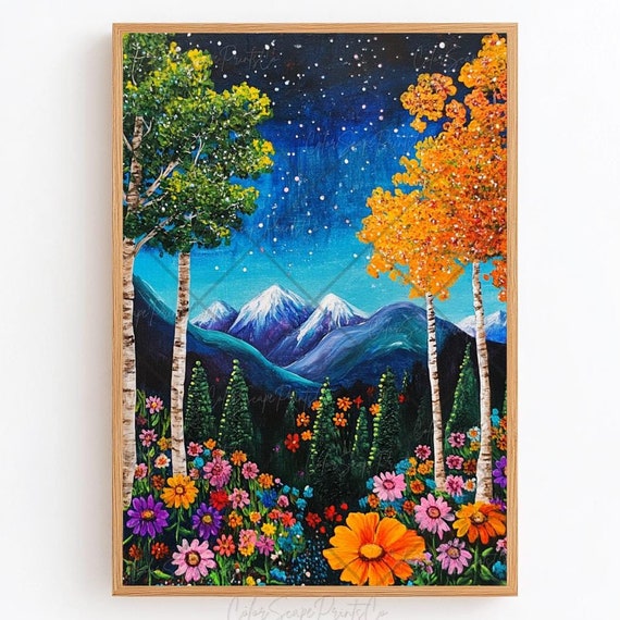 Abstract Mountain Painting Colorful Landscape Print Colorful Wall Art Enchanted Forest Landscape Nature Print Mountain Landscape Painting