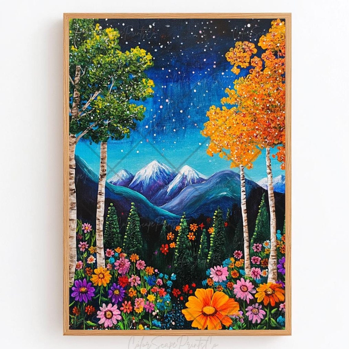 Wildflower Meadow Mountain Night Birch Trees Starry Sky Poster