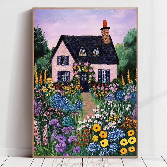 Colorful Garden Print Whimsical Poster Spring Meadow Landscape Flower Art Bright Nursery Nature
