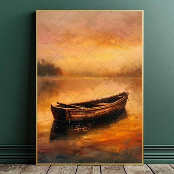 Sunset Painting Sunset Lake Print Sunset Landscape Art Golden Hour Painting Boat Painting Sunset Over Water Print Lake Scenery Print