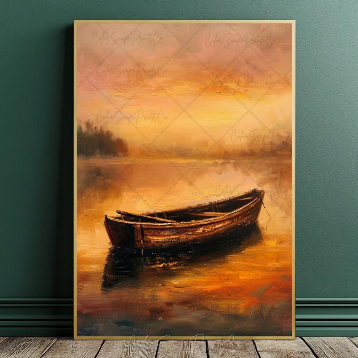 Sunset Painting Sunset Lake Print Sunset Landscape Art Golden Hour Painting Boat Painting Sunset Over Water Print Lake Scenery Print