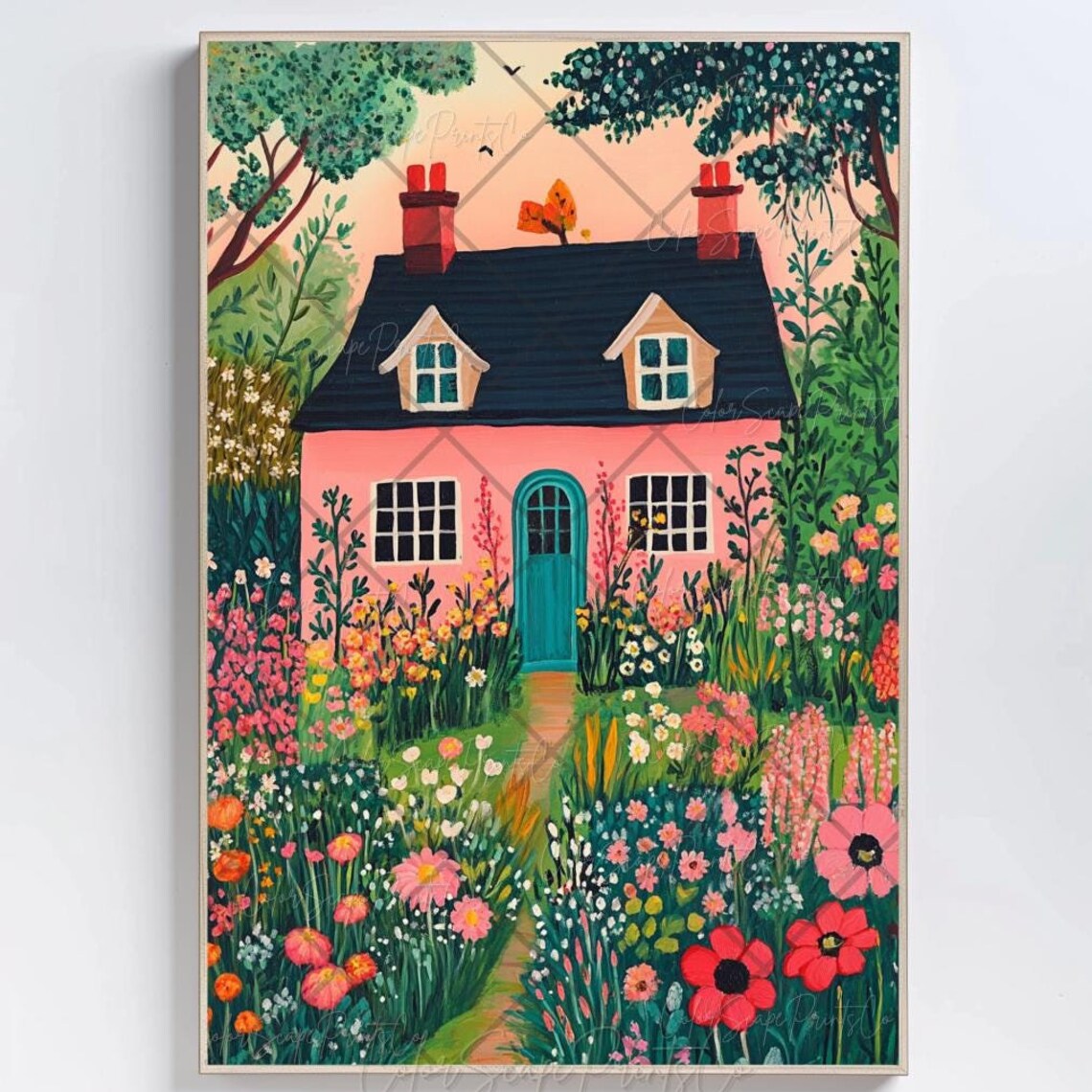 Flower Garden Illustration Art Print, Whimsical Spring