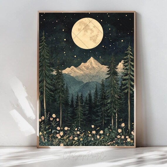 Full Moon Forest Night Poster Stars Mountains Pine Trees Enchanted