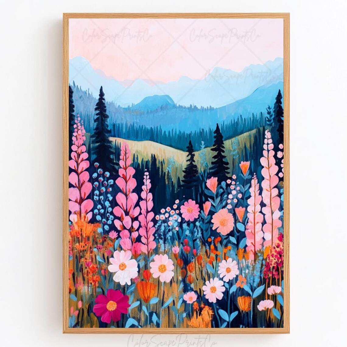 Abstract Mountain Painting, Wildflower Landscape Art Print