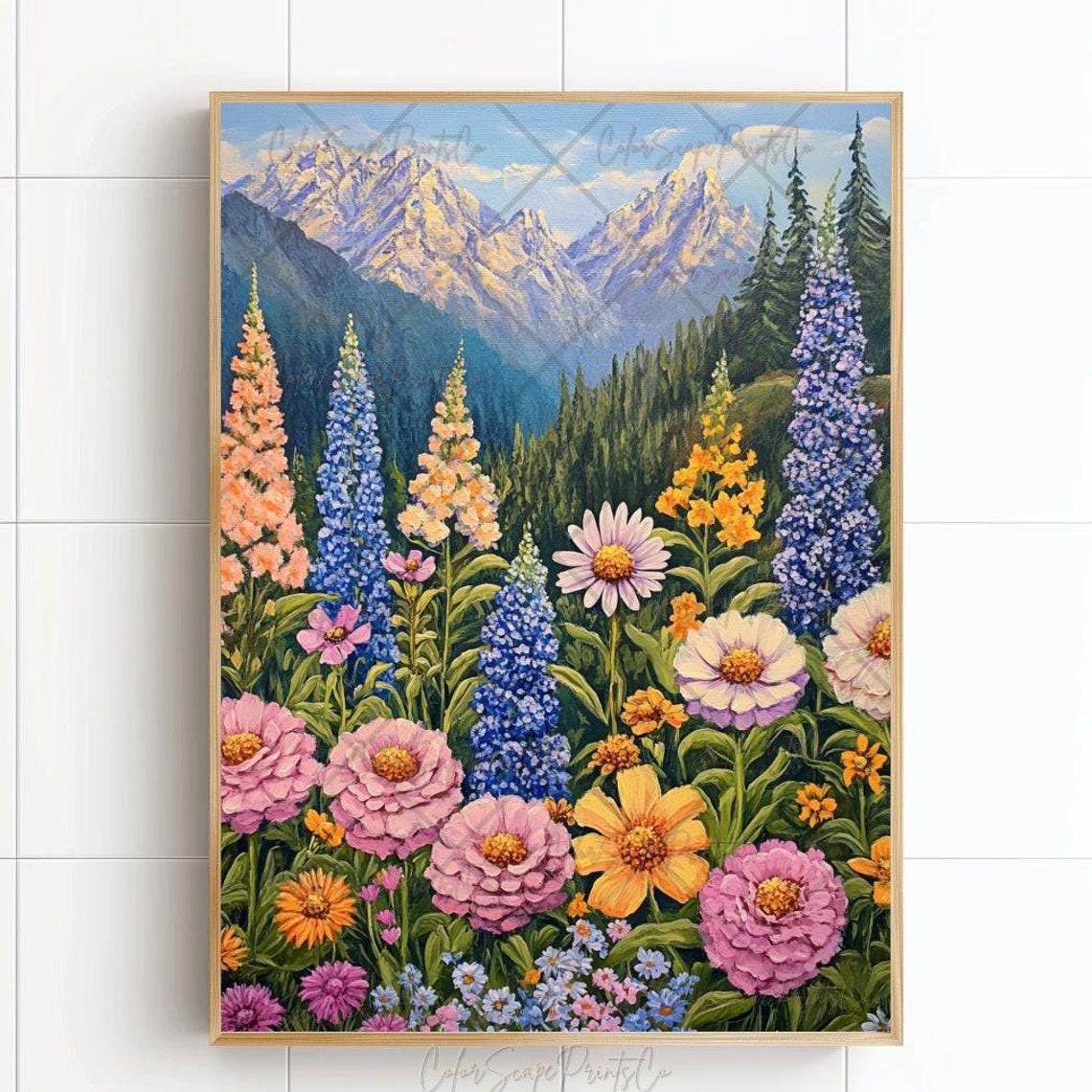 Colorful Wildflower Garden With Mountain Peaks Botanical Poster