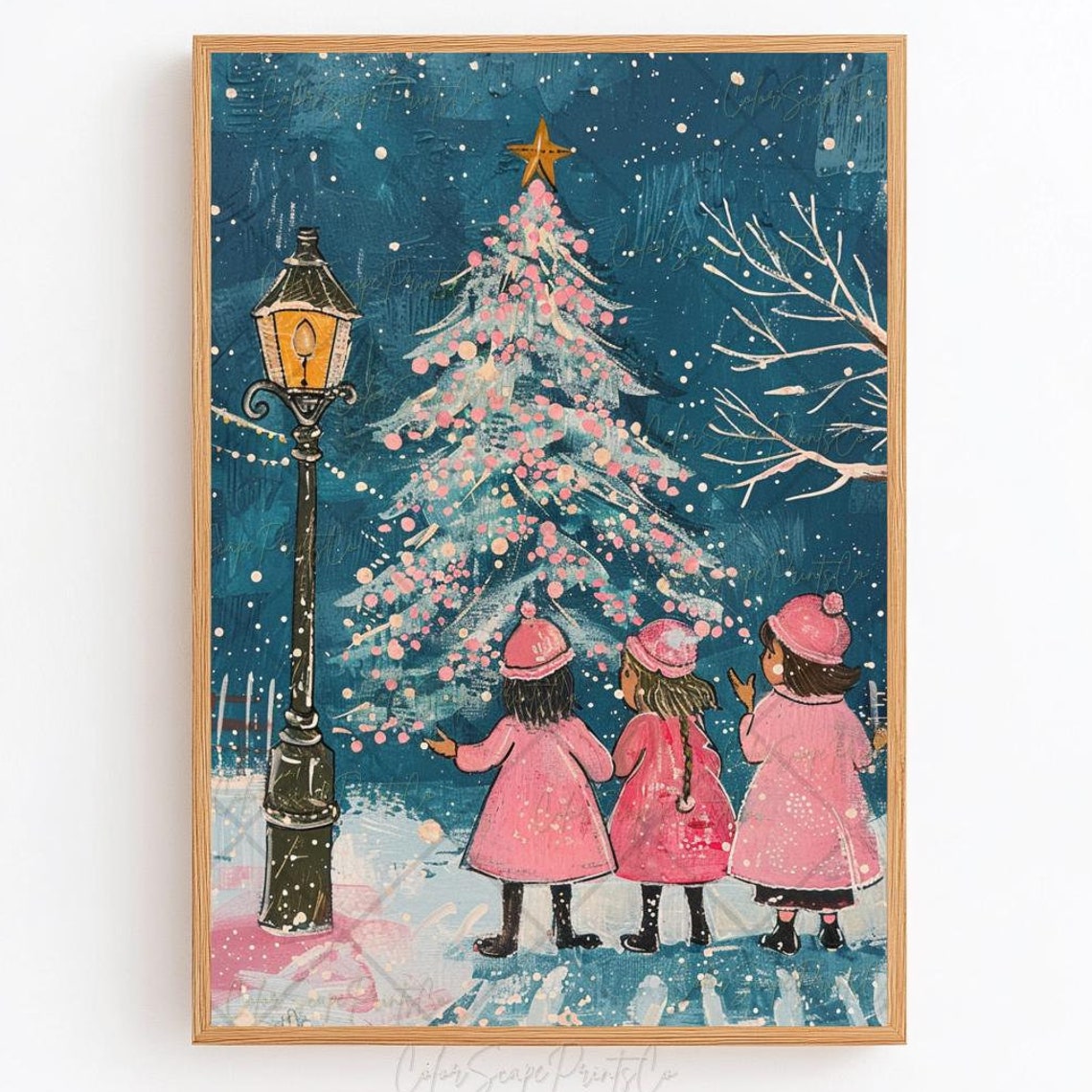 Christmas Carolers Print Caroling Girls Cozy Christmas Print Christmas Children Christmas Village Christmas Lantern Print Pink Winter Print