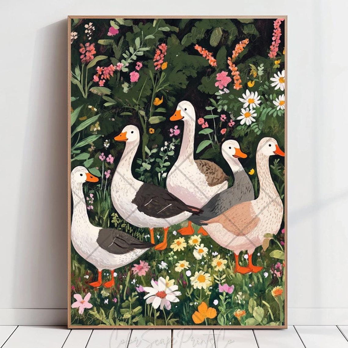 Five Cute Geese Walking Through a Flower Garden Farmhouse Poster