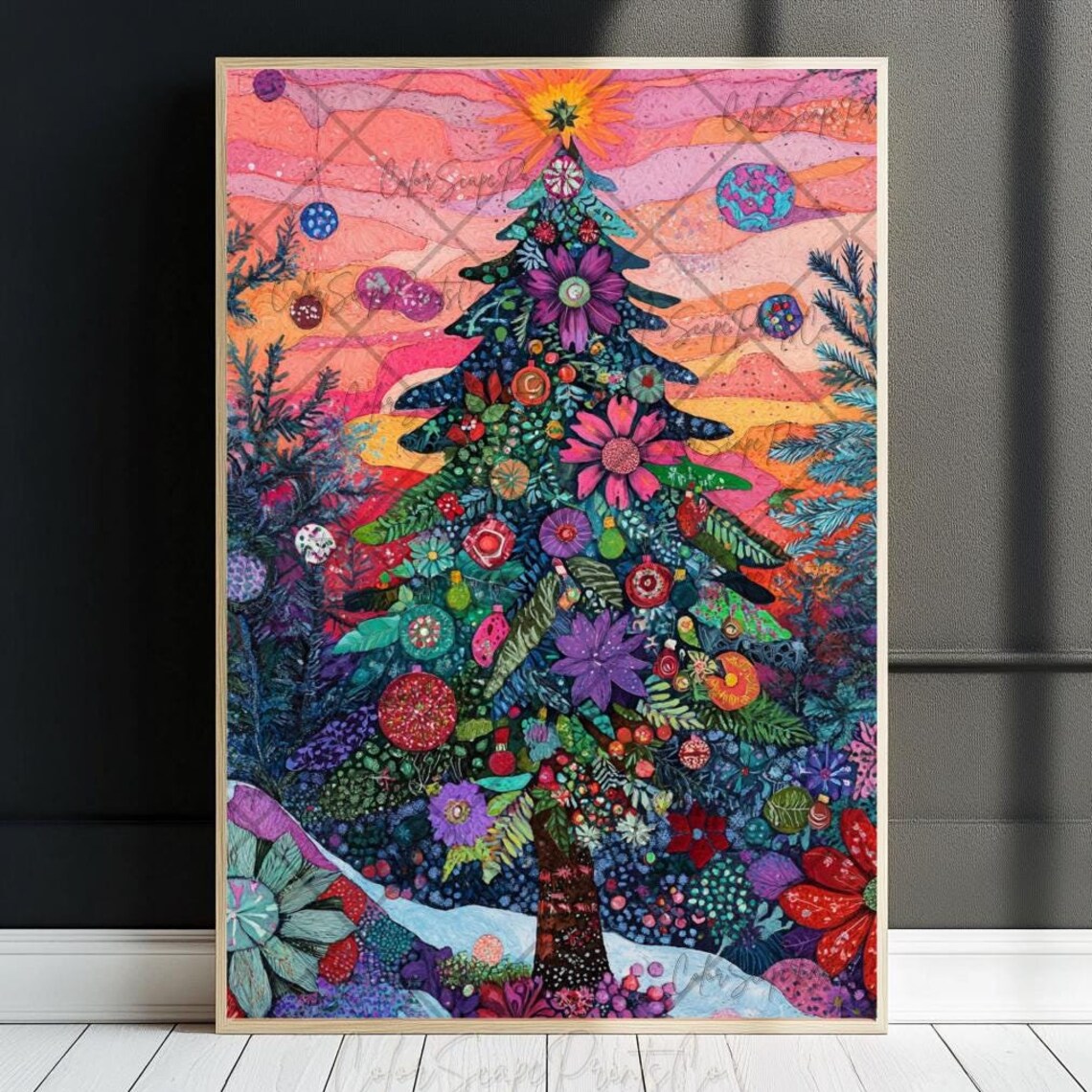 Tropical Floral Christmas Tree Sunset Sky Whimsical Holiday Poster