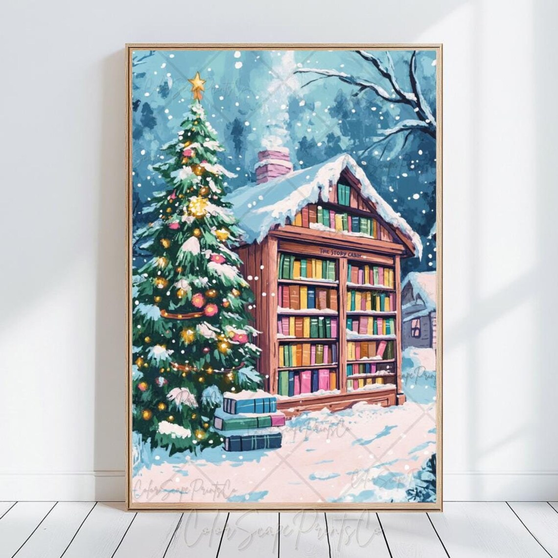 The Story Cabin Filled with Books in Snow with Christmas Tree Poster