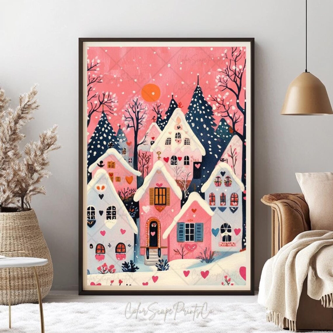 Pink Valentines House Print, Retro Winter Village - Image 4