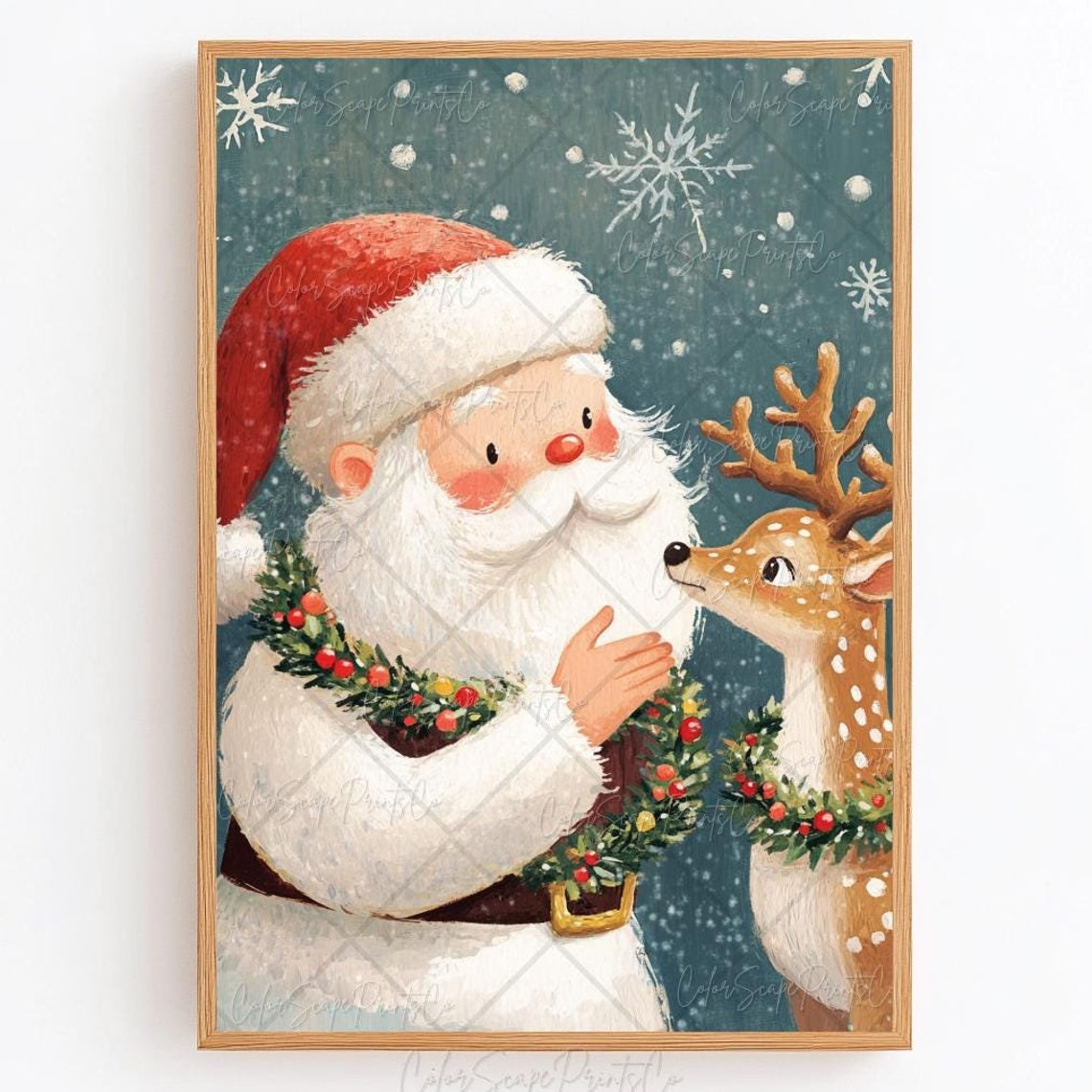 Santa Claus And Reindeer Painting Santa Claus Painting Reindeer Print Christmas Animal Print Santa Petting Reindeer Colorful Christmas Print