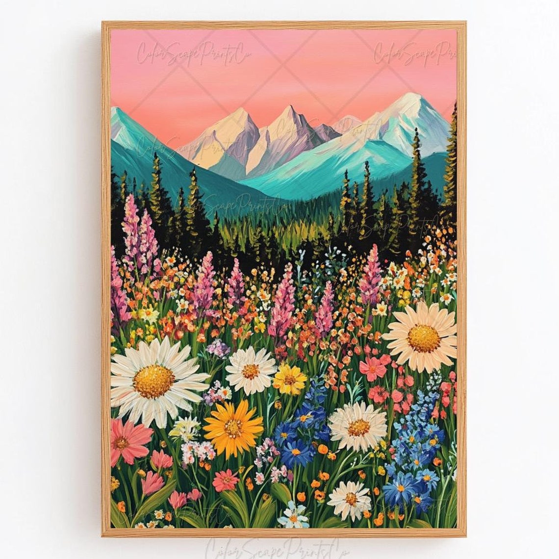 Wildflower Mountain Sunset Daisy Lupine Meadow Landscape Poster