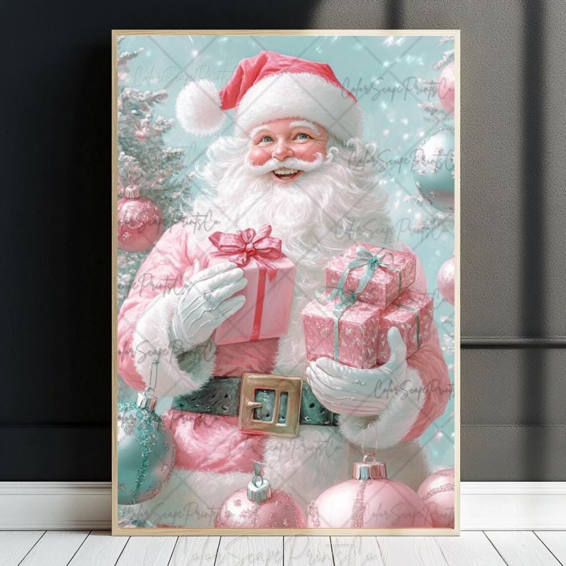 Jolly Pink Santa Claus With Gifts Pastel Christmas Decor Poster