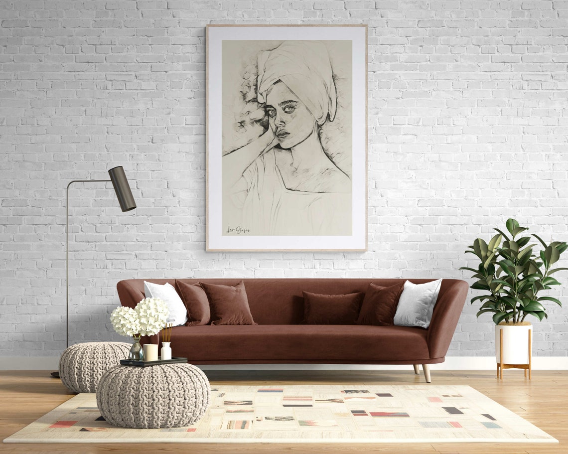 Drawing Turban Woman Portrait Wall Art Poster Print Bath Towel Sketch Woman Art Minimalist Living Room Wall Art Design Entry Hall - Image 7