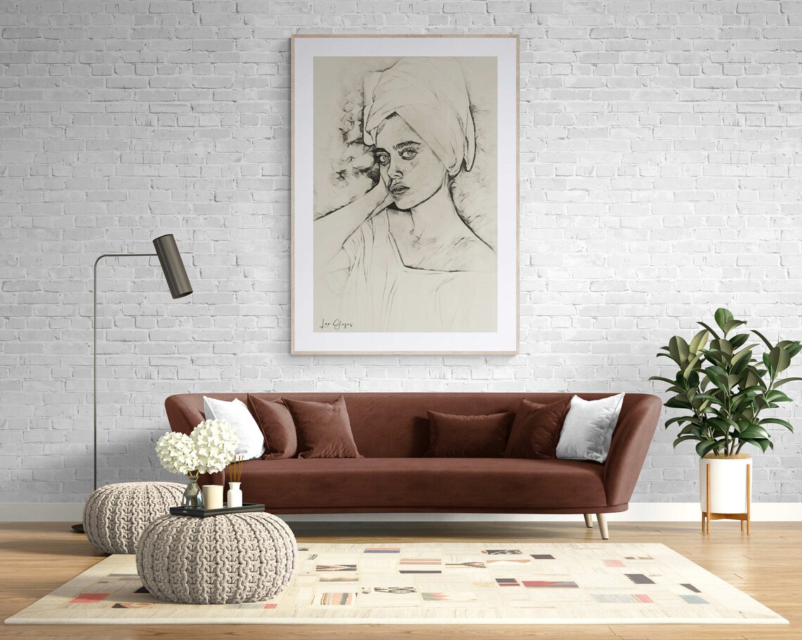 Woman With Turban Pencil Sketch Drawing Black White Art Poster - Image 7
