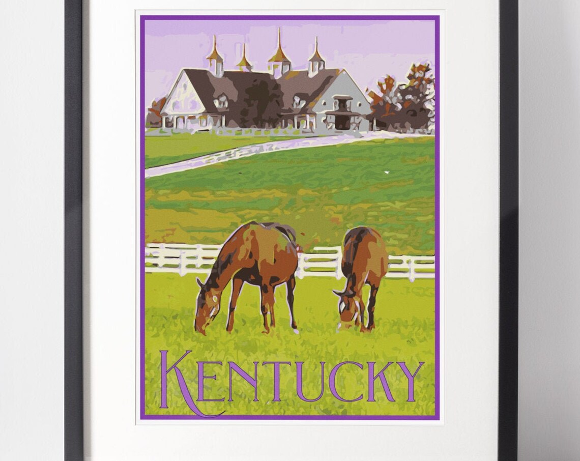 Kentucky Horse Farm Grazing Horses Pasture Green Barn Travel Poster