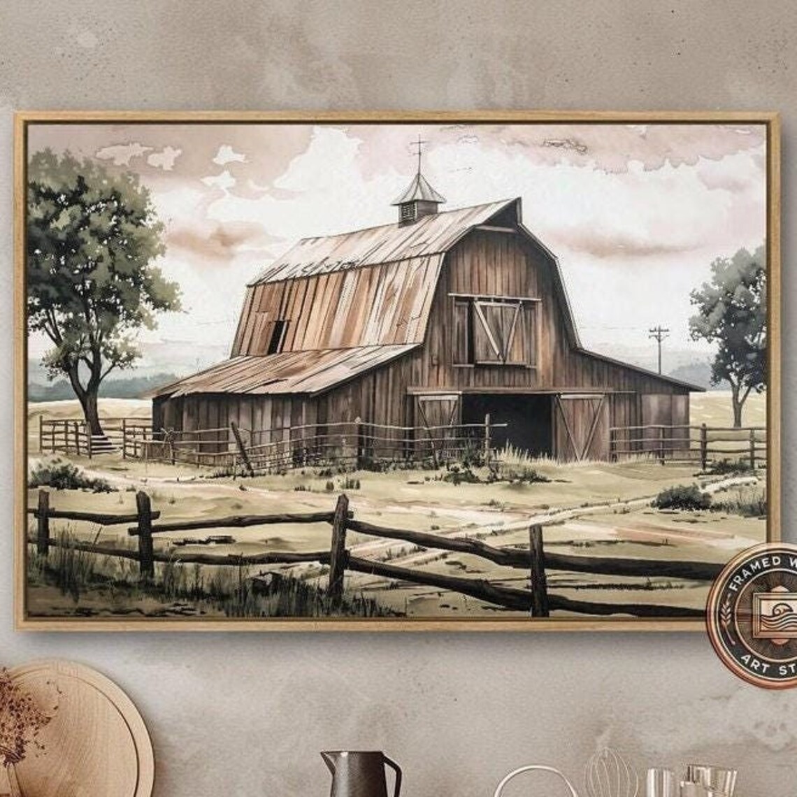 Rustic Wooden Barn With Split Rail Fences Country Landscape Poster