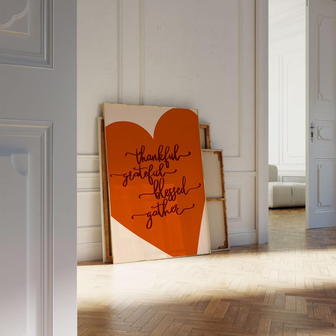Thankful Grateful Blessed Gather Orange Heart Thanksgiving Quote Poster - Image 3