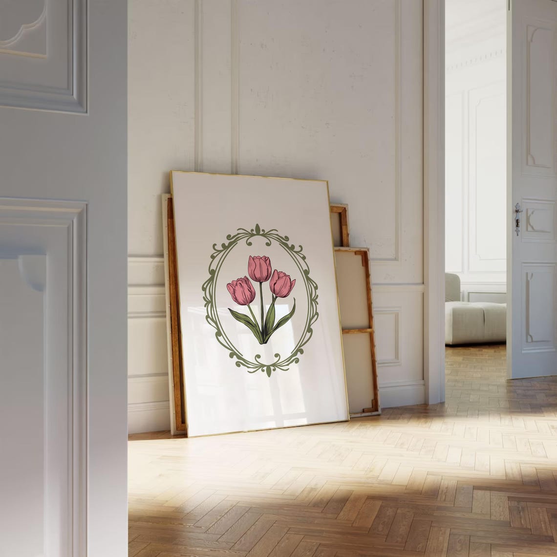 Pink Tulip Botanical Illustration with Green Ornate Oval Frame Poster - Image 3