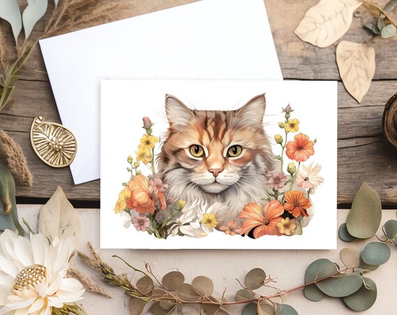 Ginger Tabby Cat Wildflowers Watercolor Blank Note Card Cat Lovers Gift Card