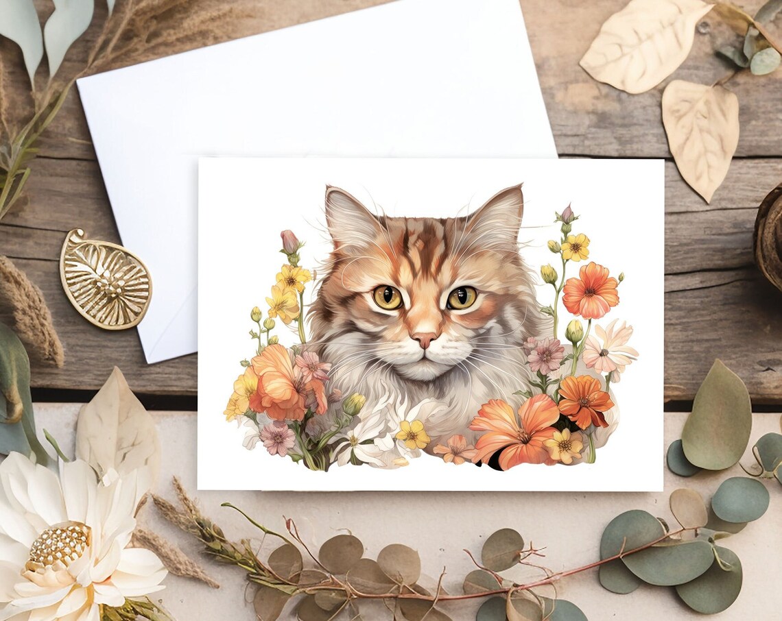 Ginger Tabby Cat Wildflowers Watercolor Blank Note Card Cat Lovers Gift Card
