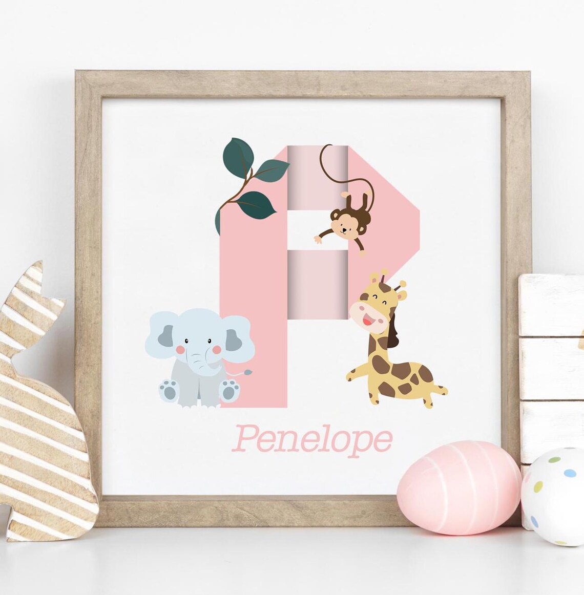 Personalized Safari Initial T Monkey Lion Elephant Name Poster - Image 5