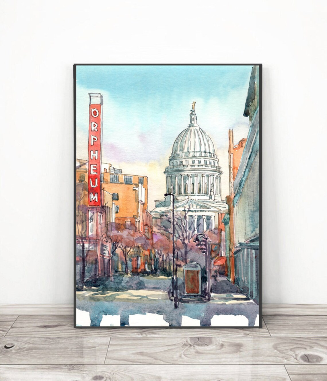 Madison Wisconsin Capitol Orpheum Theater Watercolor City Poster