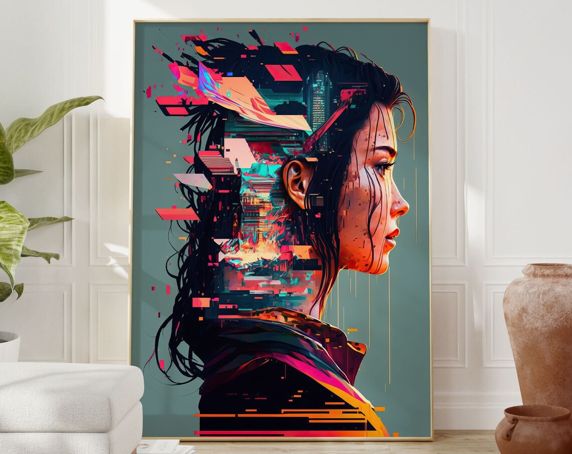 Cyberpunk Womans Face Neo-Noir Art Print - Image 2
