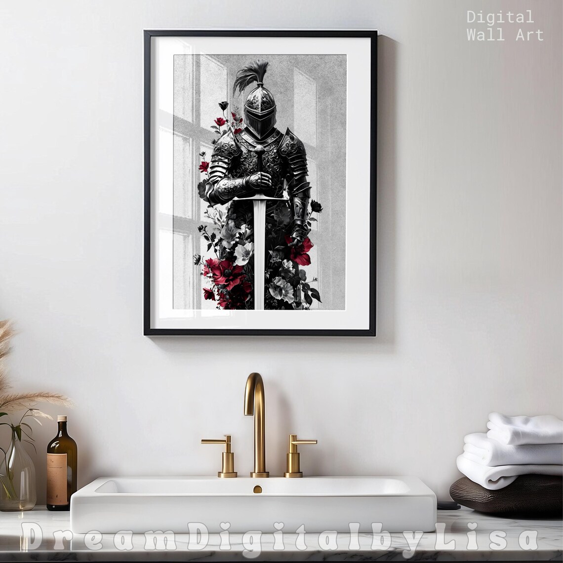 Medieval Knight Armour With Sword, Gothic Flowers - Image 2