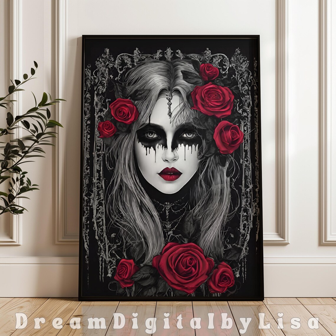 Gothic Woman With Red Rose, Dark Romantic Wall Art Print - Image 2