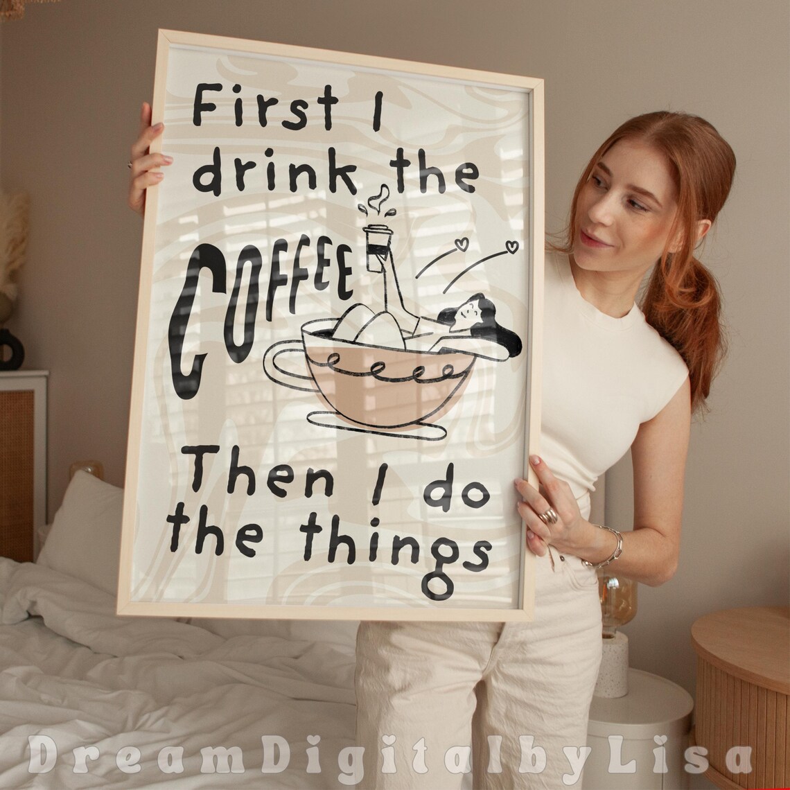 Gift For Coffee Lovers Poster Fun Kitchen Prints First I Drink The Coffee Whimsical Kitchen Doodle Busy Life Coffee Quotes - Image 2