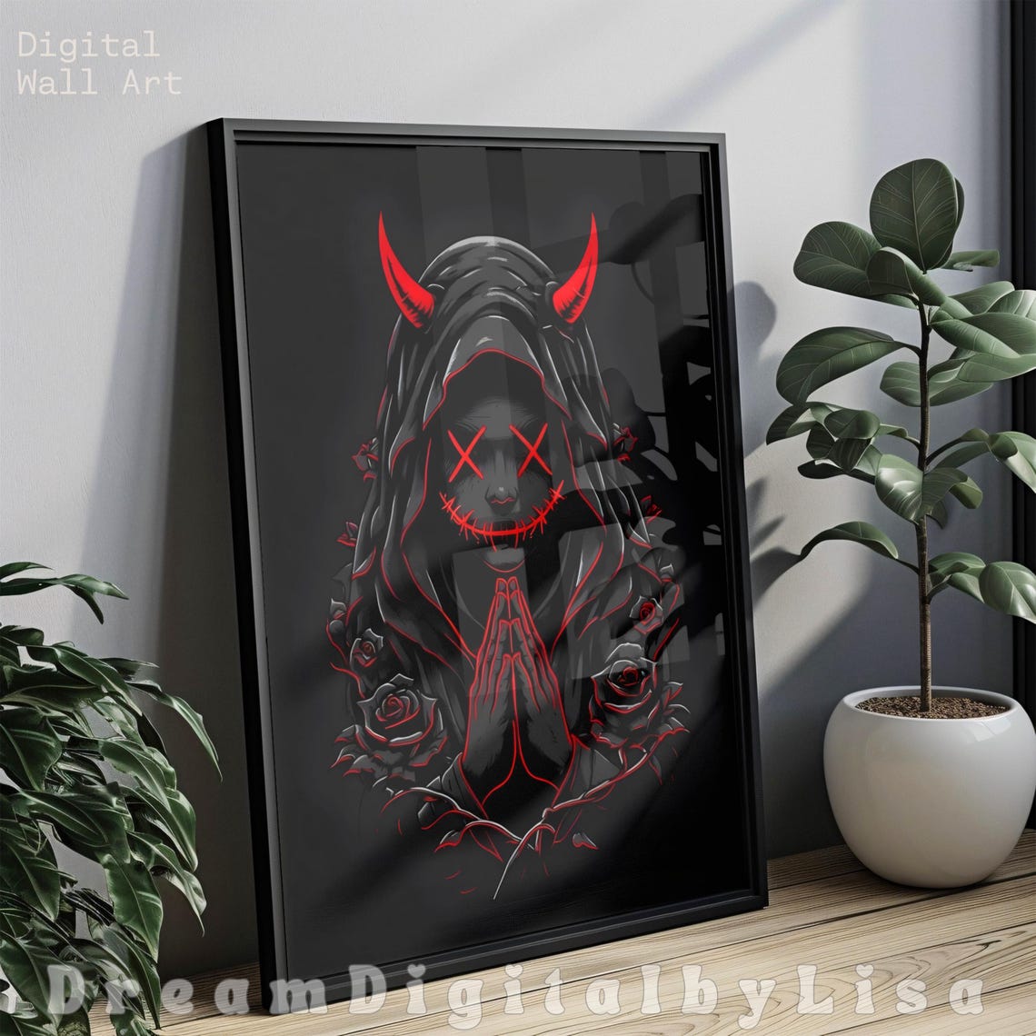 Dark Art Cloaked Red Neon Devil Wall Art Gothic Roses Demon Artwork Dark Fantasy X Eyes Moody Satan Poster Print - Image 2
