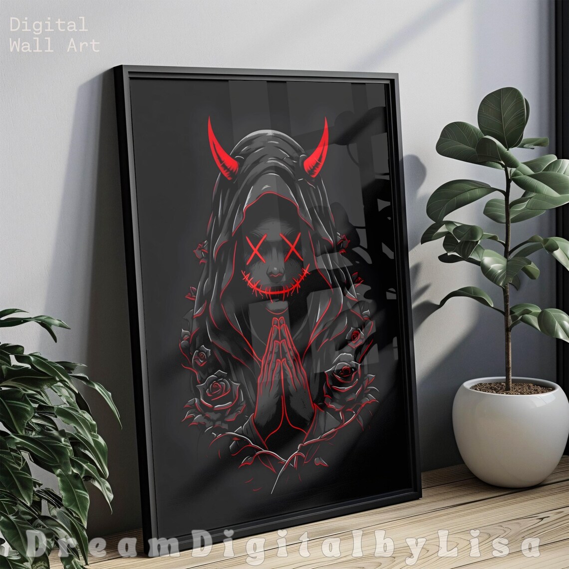 Red Neon Hooded Devil X Eyes Gothic Roses Dark Fantasy Poster - Image 2