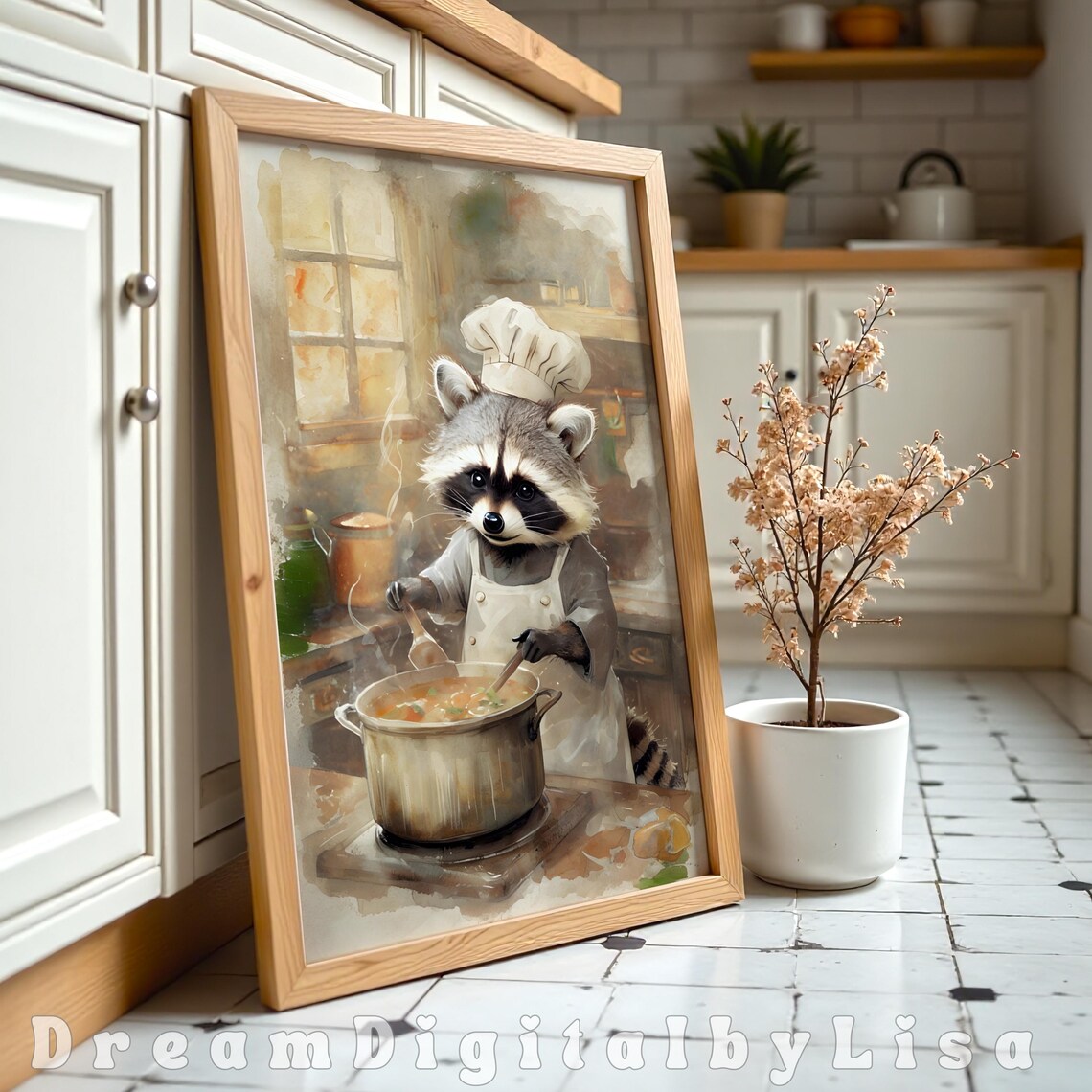 Cute Raccoon Chef Cooking Soup Rustic Kitchen Watercolor Wall Art - Image 2