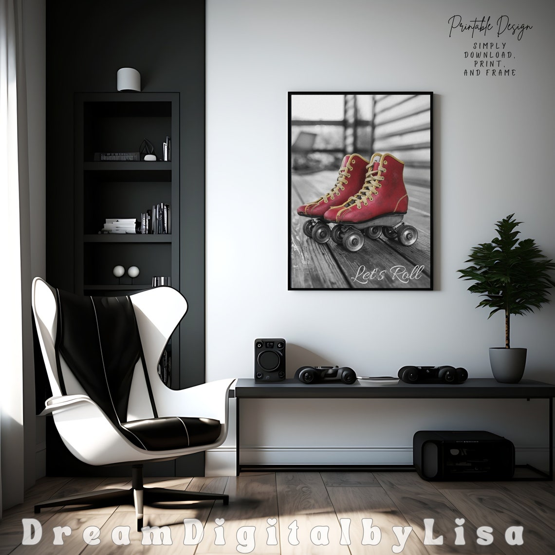 Vintage Red Roller Skates Lets Roll Black and White Photo Poster - Image 2