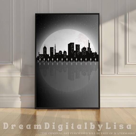 Silhouette Black And White City Illustration Wall Art Skyline Print Moon Decor Monochrome Buildings Geometric Art Instant