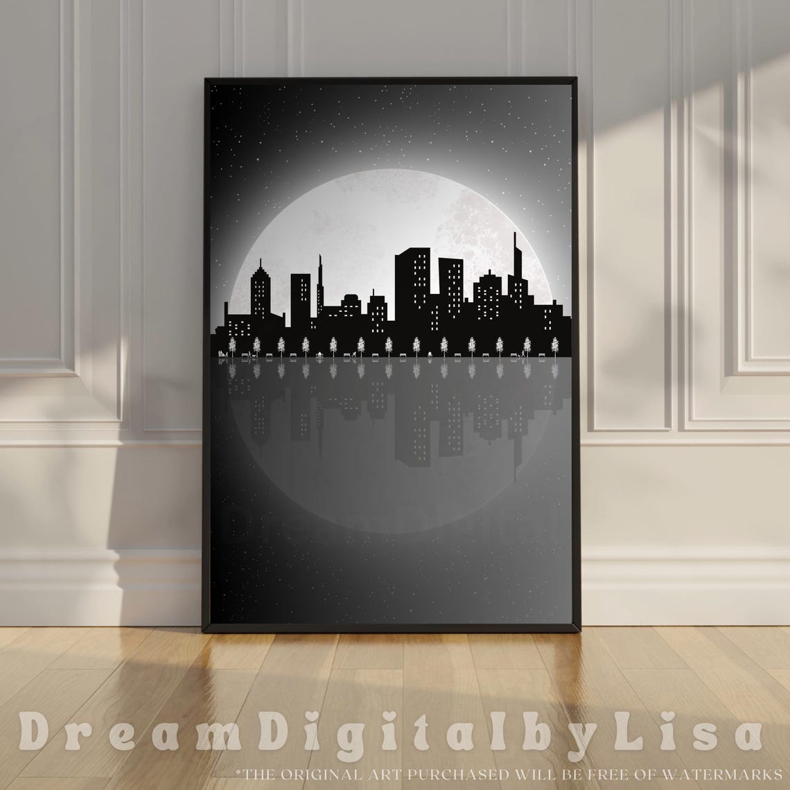 Black And White City Skyline Poster Moonlit Reflection Night City Art