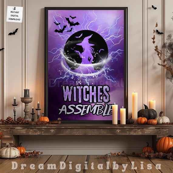 Witches Assemble Purple Witch Silhouette Moon Halloween Poster