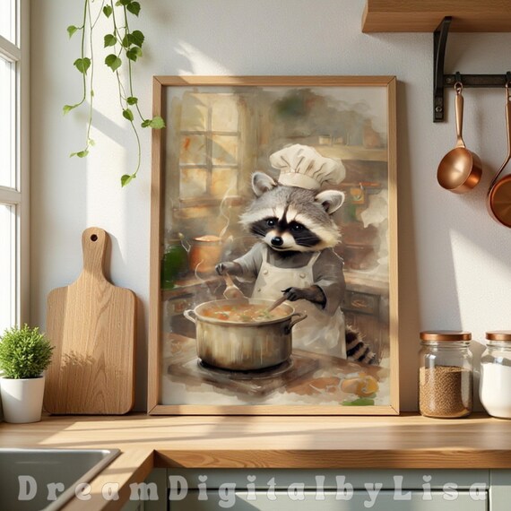 Cute Raccoon Chef Cooking Soup Rustic Kitchen Watercolor Wall Art