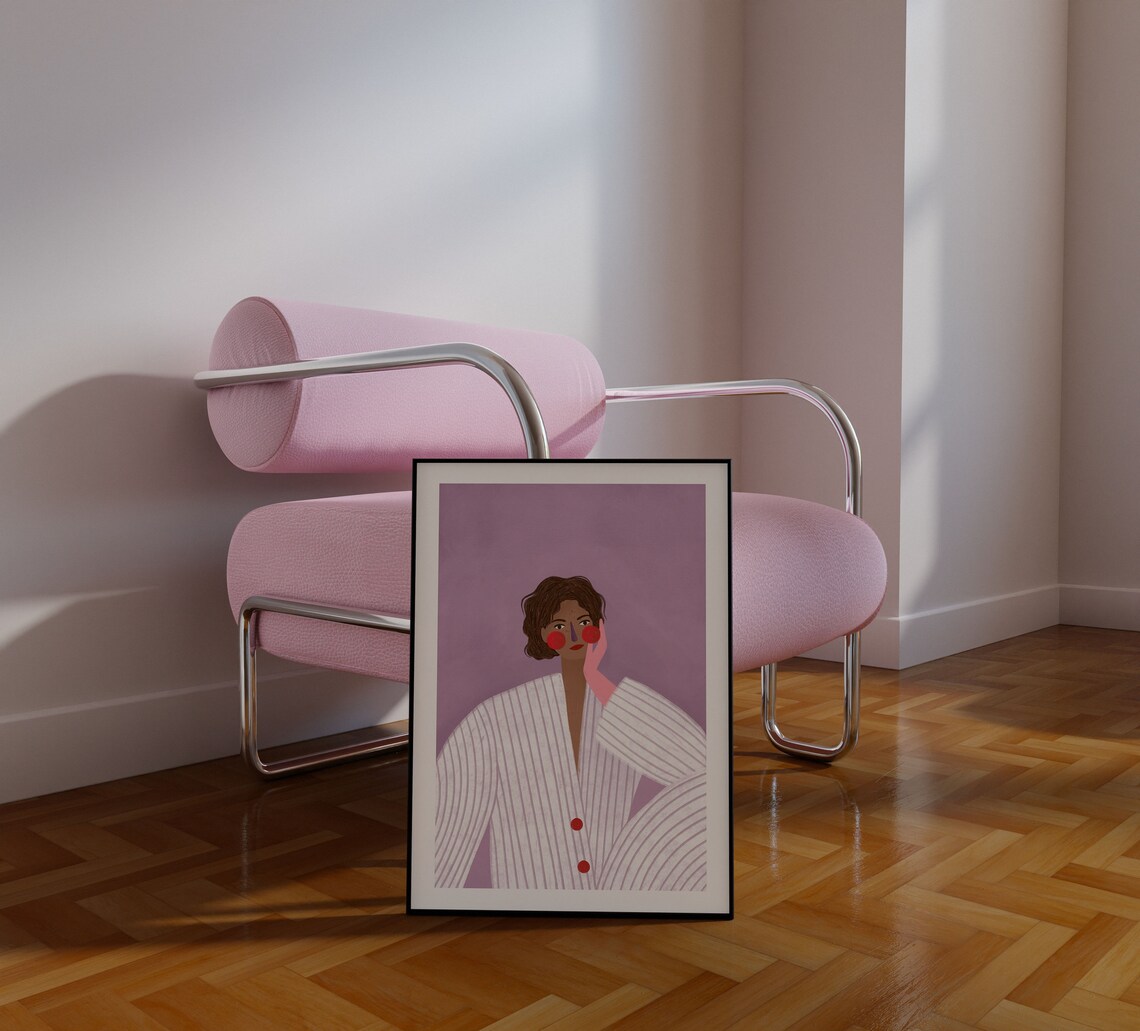Woman With Pink Glove, Purple Stripes Art Print - Image 4