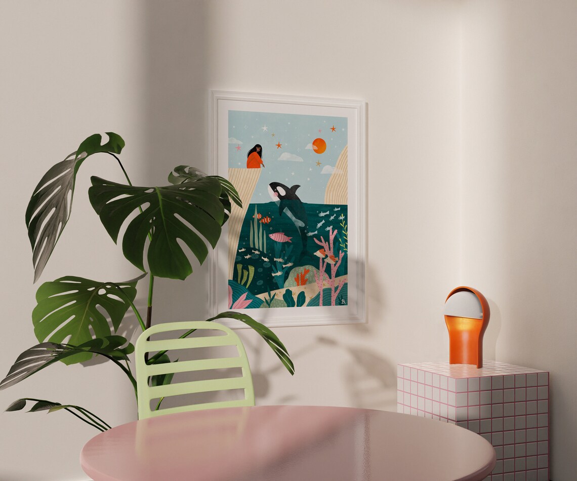 Girl Reaching Out To Orca Whale Ocean Coral Reef Illustration Poster - Image 3