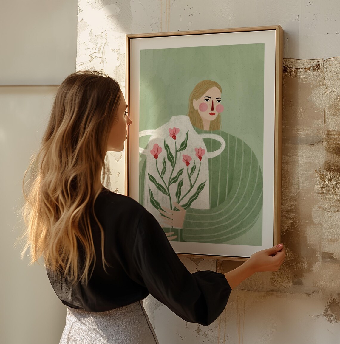 Woman With Flower Vase, Colorful Minimal Portrait Art - Image 2