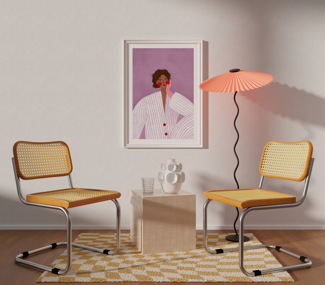 Woman With Pink Glove, Purple Stripes Art Print - Image 2