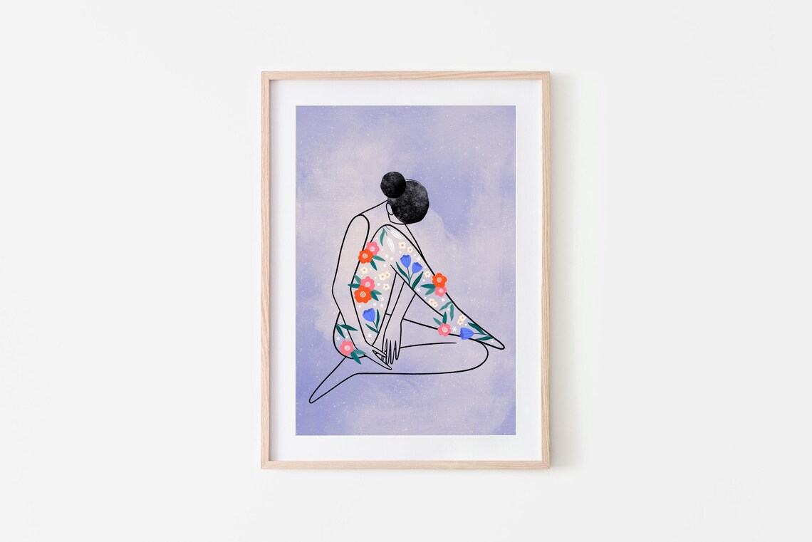 Line Lady With Floral Leg Art Print, Minimal