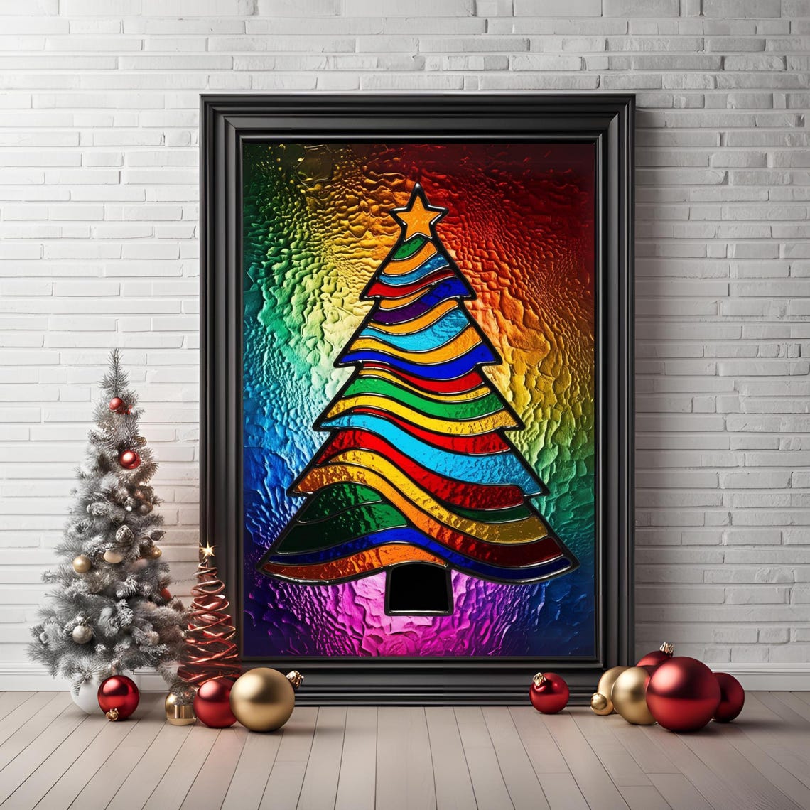 Rainbow Stained Glass Christmas Tree Star Bright Holiday Wall Art - Image 3