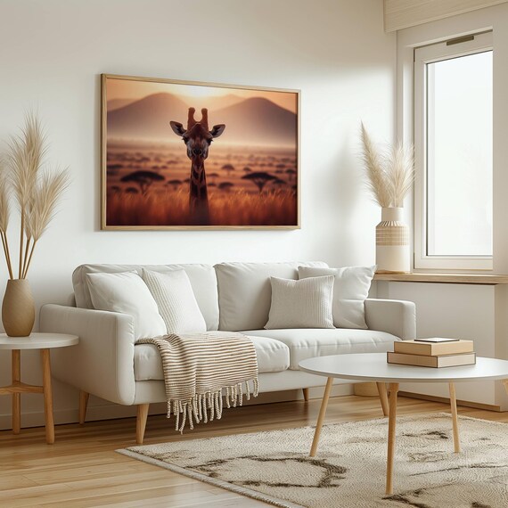 Giraffe in African Savanna Sunset Wildlife Photography Poster