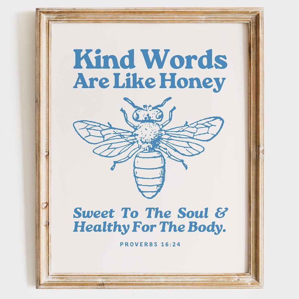 Kind Words Are Like Honey Retro Print Christian Wall Art Scripture Wall Art Gift Dorm Room Essentials Vintage Blue Wall Art Bible Verse