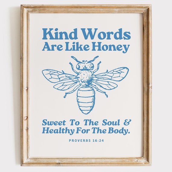 Kind Words Are Like Honey Retro Print Christian Wall Art Scripture Wall Art Gift Dorm Room Essentials Vintage Blue Wall Art Bible Verse